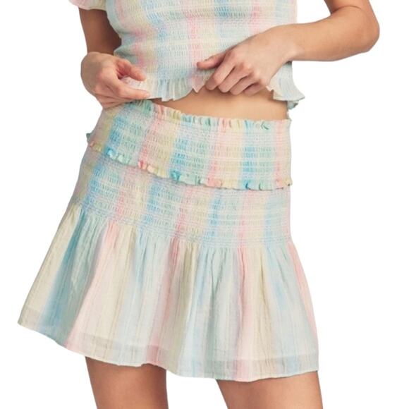 LoveShackFancy Camilla Rainbow Striped Mini Skirt P XS Ruffle Smocked Coquette - Picture 7 of 9
